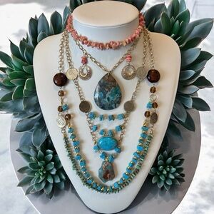 Handmade Upcycle Gold Tone Faux & Natural Stone Mix Beads Bohemian Necklace